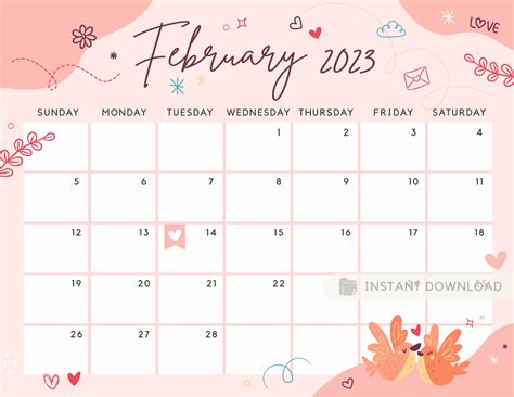 February 2023 Calendar Lovely And Sweet Valentines Day Etsy Canada