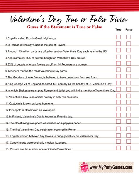 Free Printable Valentines Day True Or False Trivia Quiz