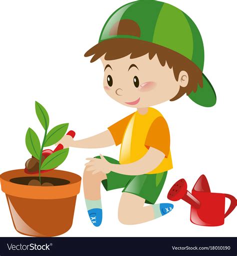 Boy Planting Tree In Clay Pot Royalty Free Vector Image