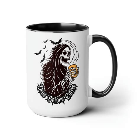 Grim Reaper Horror Coffee Mug Dead Before Coffee Black White Yellow