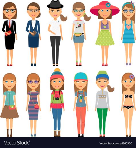 Cutie Cartoon Fashion Girls In Colorful Clothes Vector Image
