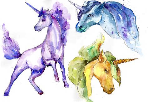 Cute Colorful Unicorn Horses Png Watercolor Set Graphic By Mystocks