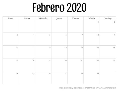 Calendario Febrero 2020 Para Imprimir Calendarios 2020 Para Imprimir