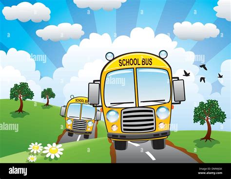 Vector Yellow School Buses On A Country Road Stock Vector Image And Art
