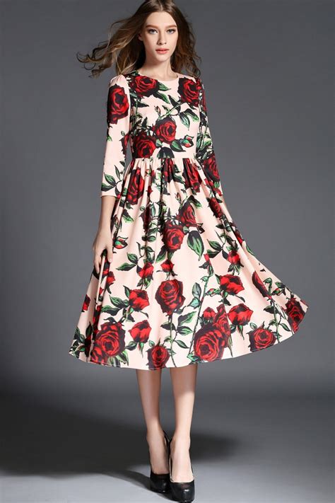 How to add floral fabric to your cart? Autumn New floral print dresses white red rose retro ...