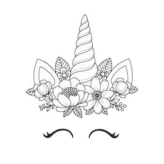 Eenhoorn hoofd met bloemen krans kleurplaat Premium Vector
