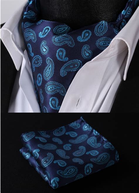 Navy Blue Paisley Jacquard Woven Silk Ascot Set Ropa Moderna Hombre