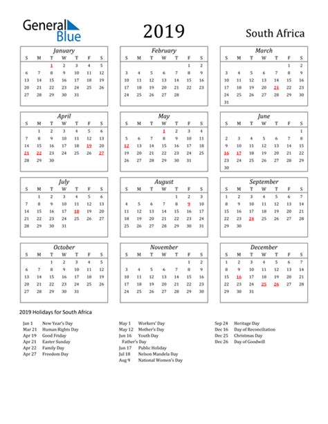 2019 South Africa Calendar With Holidays