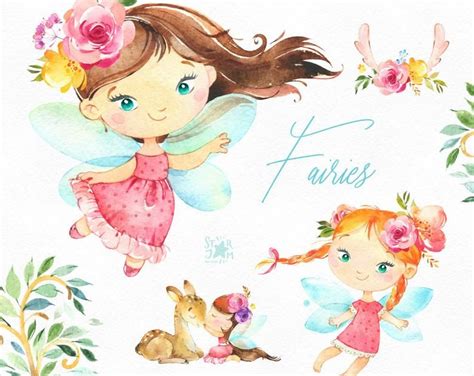 Fairies 2 Watercolor Magic Clipart Little Girls Dark Skins Deer