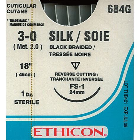 Jj 684g Suture Ethicon Silk 24mm 30 Fs1 38 Circle Reverse Cut X12