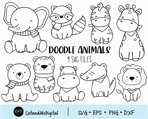 Doodle Animals Svg Baby Animal Clipart Jungle Animals Cut File Etsy