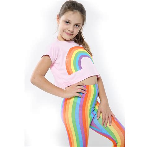 Kids Girls Crop Top And Legging Set Rainbow Fashion Two Piece Outfit