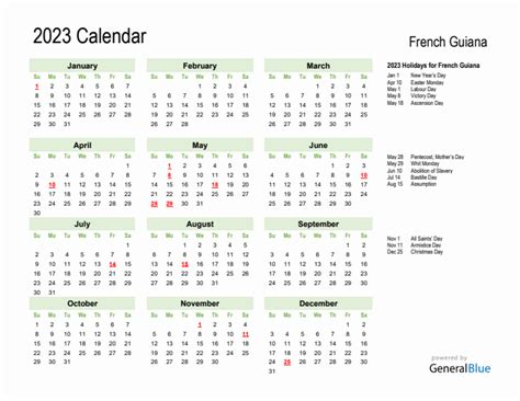 Holiday Calendar 2023 For French Guiana Sunday Start