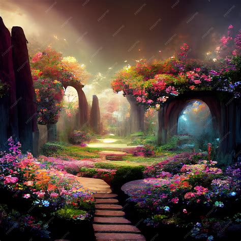 Premium Photo Enchanted Garden Magical Forest With Flowers Trees