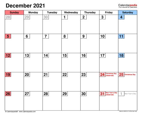 December 2021 Calendar Templates For Word Excel And Pdf
