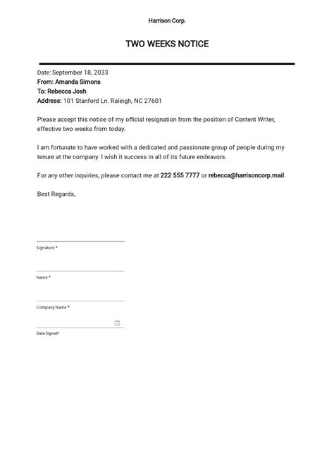 Weeks Notice Letter Template