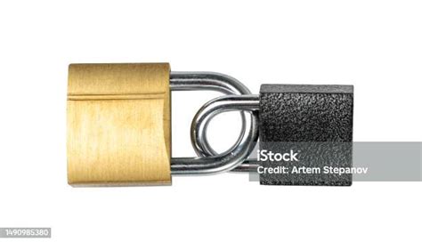Two Locks Isolated Black Padlocks Locked Together Stock Photo