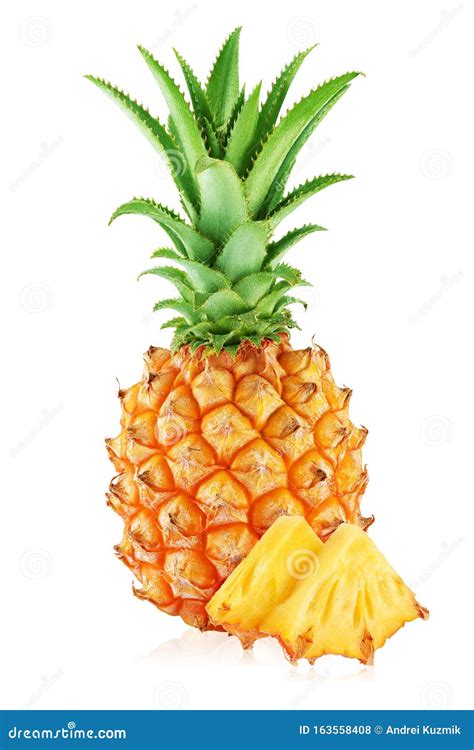 One Whole Pineapple And Two Slices Isolated On White Stock Photo