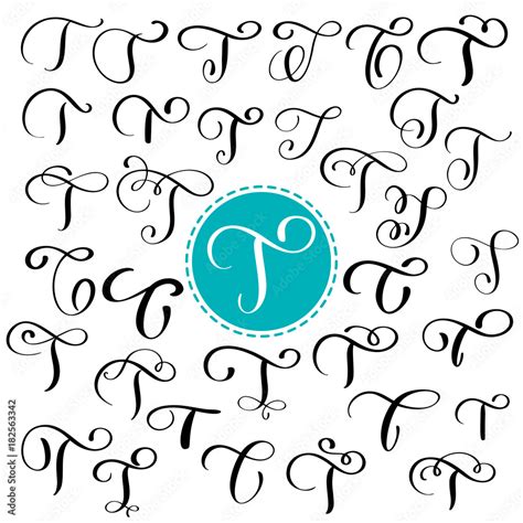 Set Letter T Hand Drawn Vector Flourish Calligraphy Script Font