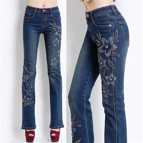 fall winter vintage womens elastic embroidered flare jeans flower denim toursers for woman