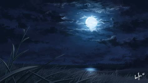 Full Moon Painting Night Moon Moonlight Lake Hd Wallpaper