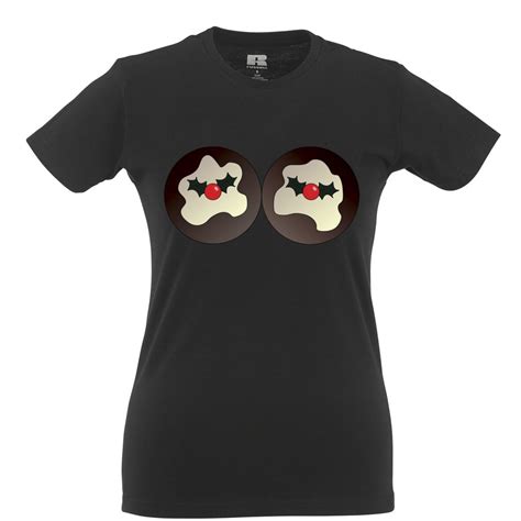 L Black Rude Xmas Womens Tshirt Christmas Pudding Breasts Novelty