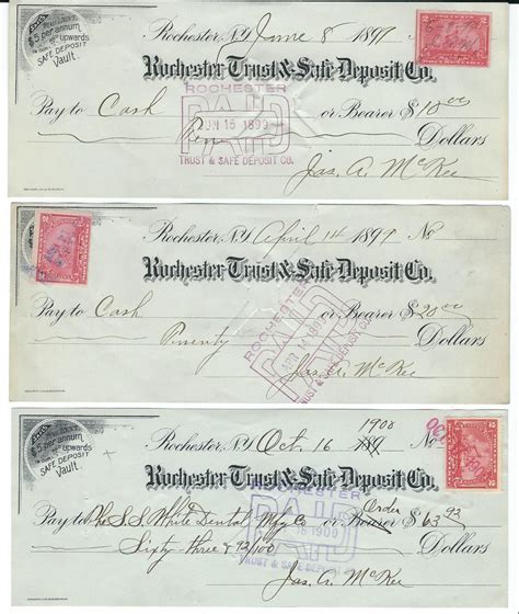 3 Antique Canceled Bank Checks From Rochester Trust And Safe Deposit Co