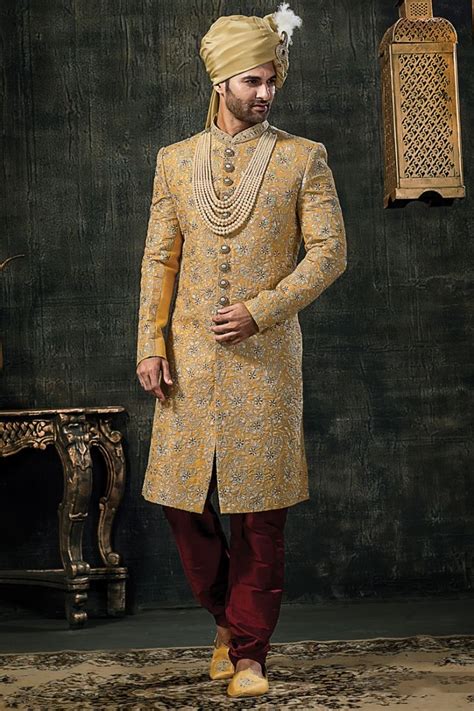 We have compiled the collection of the images of latest wedding kurtas for men to get enough. Mens Wedding Sherwani In Yellow Banarasi Silk Brocade ...