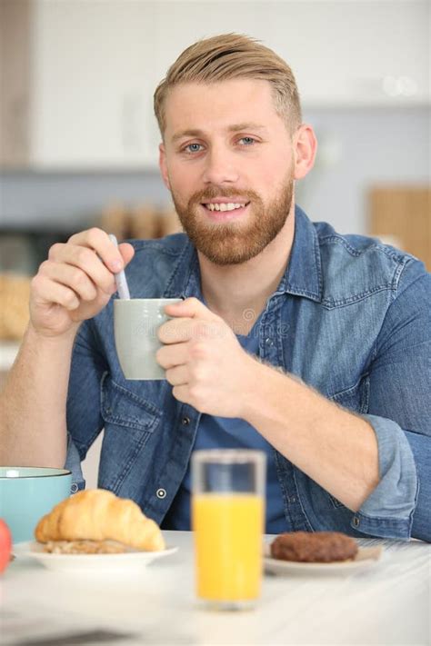 Portrait Attractive Man Eating Breakfast At Home Stock Image Image Of