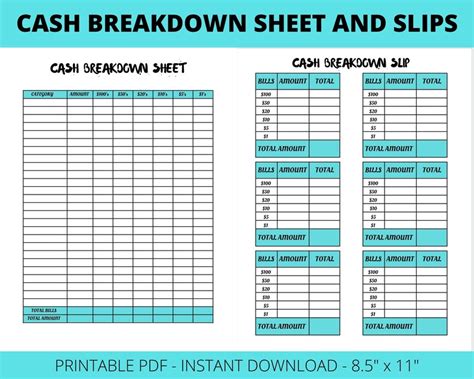 Cash Breakdown Sheet Printable Cash Breakdown Slips Cash Etsy