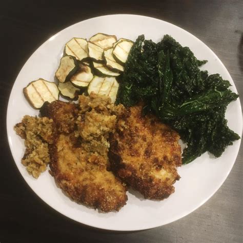 Parmesan Breaded Mustard Pork Steaks With Grilled Courgette And Sautéed