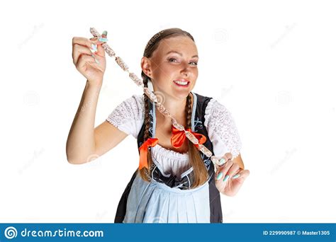 high angle view of oktoberfest woman waitress wearing a traditional bavarian or german dirndl