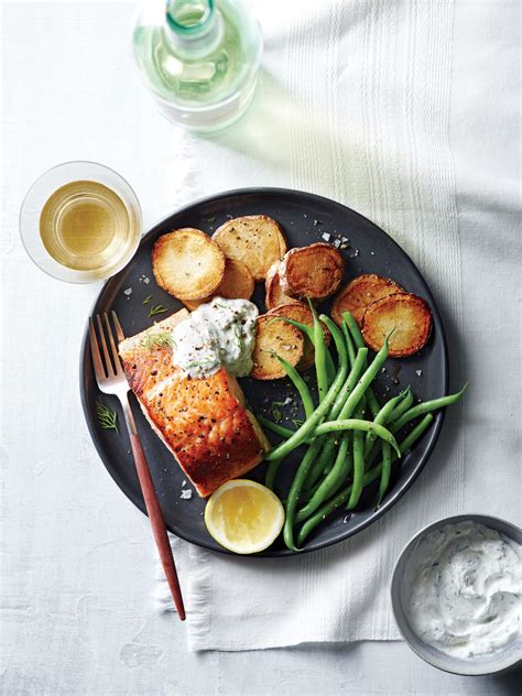 Recipes for fish, including haddock, hake, salmon, whiting, rainbow trout and shellfish such as prawns and mussels. Salmon with Potatoes and Horseradish Sauce Recipe | MyRecipes