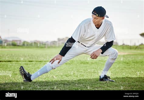 Baseball Stadium Stretching Or Sports Athlete On Field Ready For