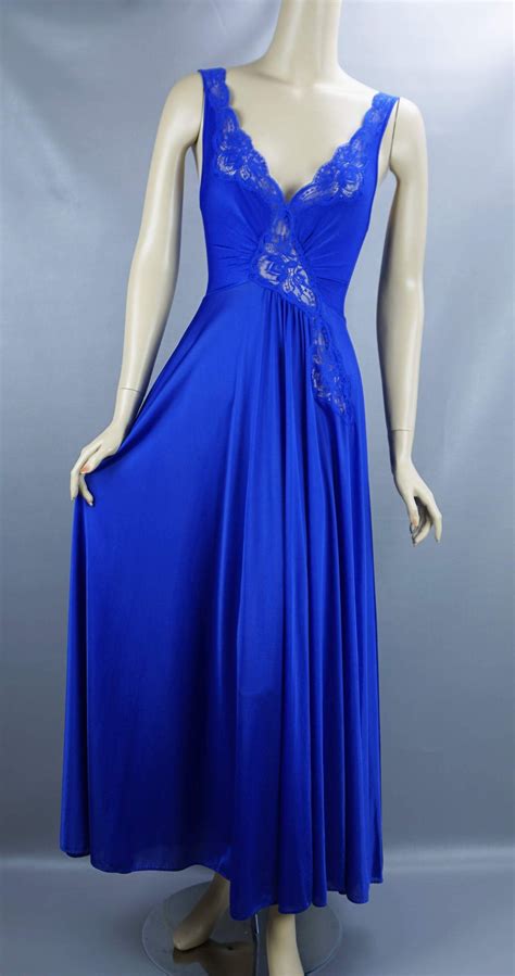 80s Olga Royal Blue Full Sweep Nightgown By Olga Night Gown Fashion