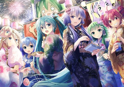 Girls Group Kimono Festival Candy Anime Wallpaper