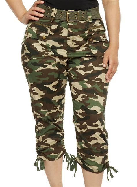 Plus Size Belted Camouflage Capri Pantsolive Camouflage Outfits