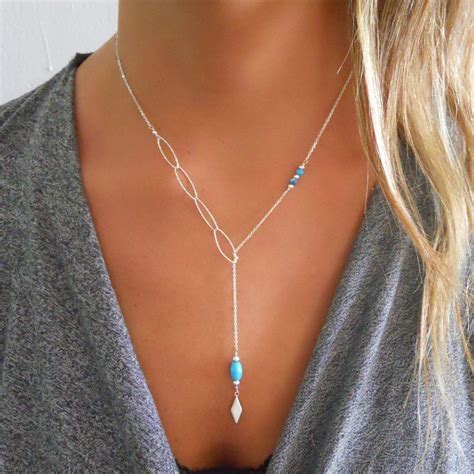 Dainty Adjustable Silver Turquoise Beads Y Lariat Necklace SN379 In