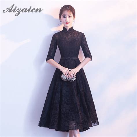 2018 Summer Sexy Lace Cheongsam Women Short Sleeves Qipao Modern Black