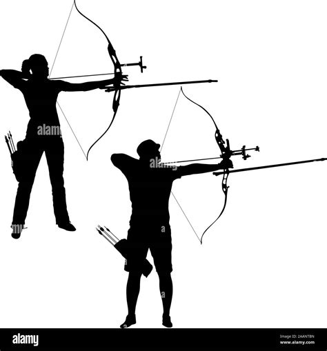 Silhouette Set Attractive Male And Female Archer Bending A Bow And