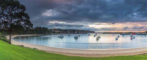 Seaside Harbour Panorama Seascape With Boats And Rain Clouds Editorial