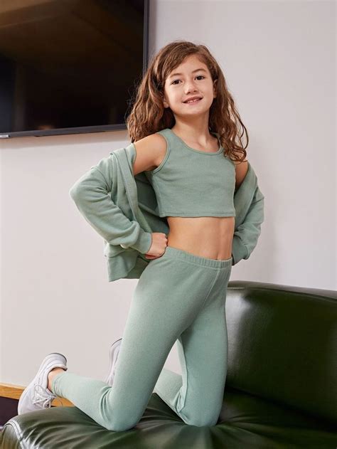 Girls Solid Crop Tank Top And Leggings Set Shein Usa In 2021 Girls Fashion Clothes Little