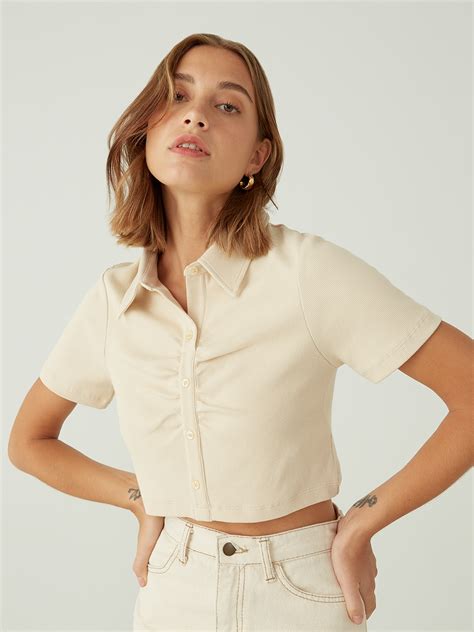 Sustainable Ruched Short Sleeve Crop Beige Pomelo Fashion