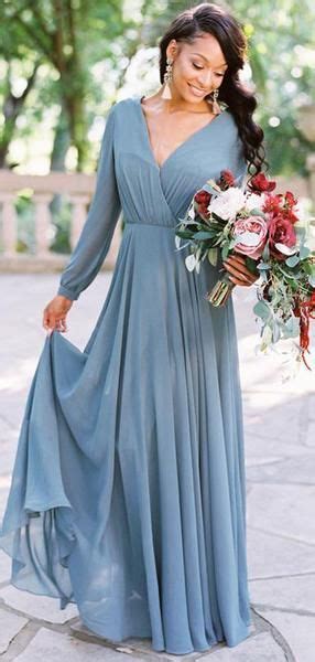 Dusty Blue Chiffon Long Sleeve A Line Bridesmaid Dresses Ab4057