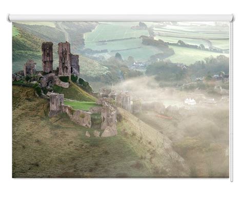 Corfe Castle Sunrise In Dorset On A Foggy Cold Autumn Morning Printed