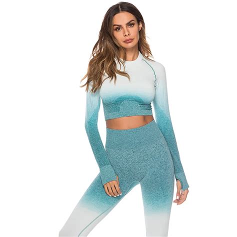 Seamless 2 Piece Set Women Fashion Suit Gym Workout Clothes Long Sleeve Fitness Crop Tops And