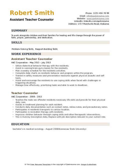 English teacher resume samples with headline, objective statement, description and skills examples. Teacher Counselor Resume Samples | QwikResume