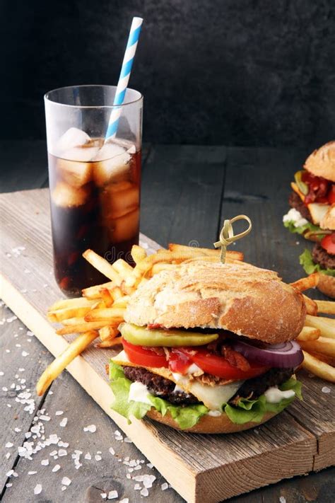 Homemade Burger With Fries And Icy Soft Drink Stock Image Image Of