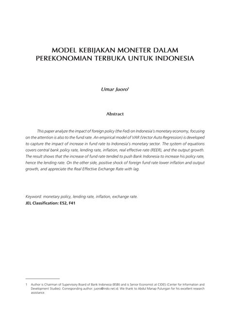 Pdf Model Kebijakan Moneter Dalam Perekonomian Terbuka Untuk Indonesia