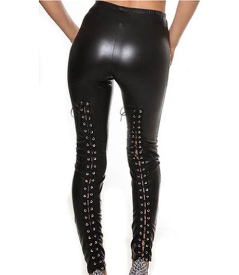 Chic Faux Leather Leggings Designed With Lace Up Legs That Tie In The